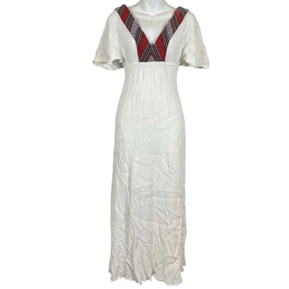 Line & Dot Short Sleeve V-Neck White Women's Midi Length Summer Dress sz S Small